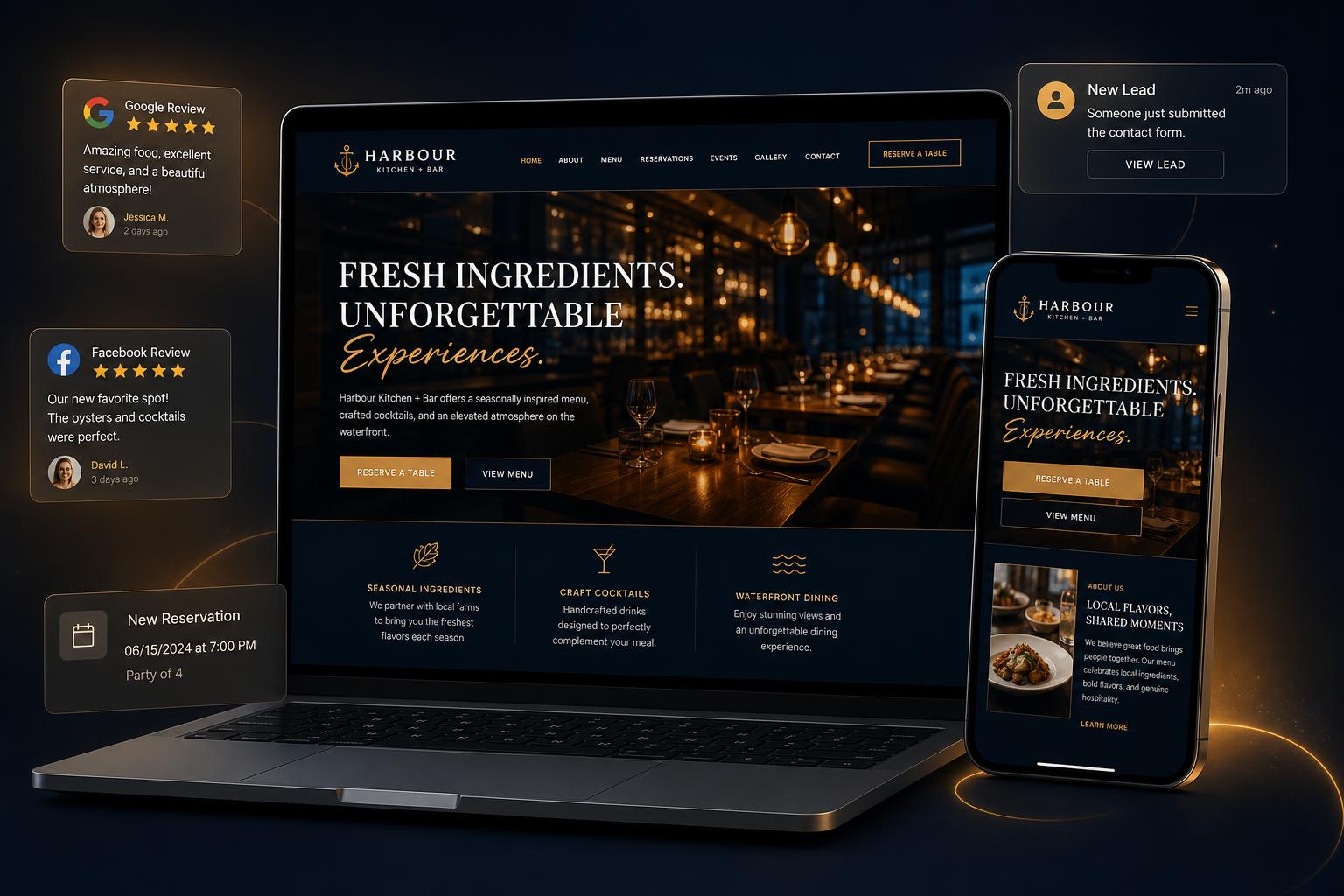 Modern small business website mockup on laptop and phone with live lead notifications